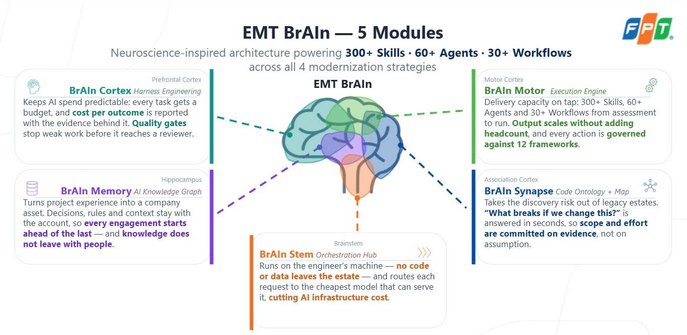 EMT BrAIn's five modules mapped to brain regions: Cortex (prefrontal, harness engineering), Motor (motor cortex, execution engine), Memory (hippocampus, knowledge graph), Synapse (association cortex, code ontology and map), Stem (brainstem, orchestration hub).